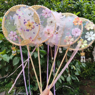 Wholesale original hand-held long handle antique Hanfu accessories silk flower butterfly Group fan National tide photo show dance props