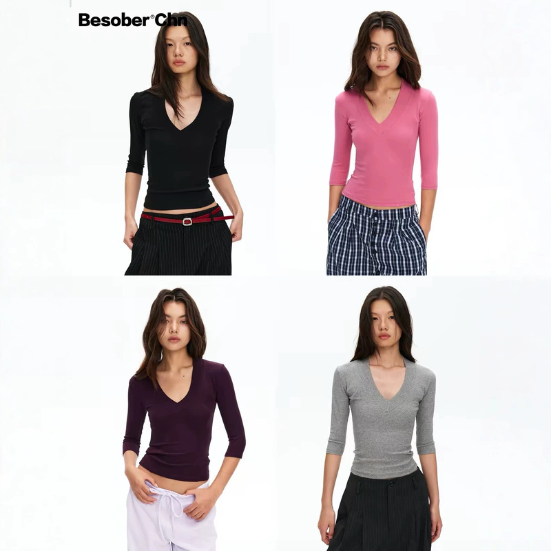 BESOBER Deep V-neck Slimming Three-Quarter Sleeve T-shirt for Women, Tight-fitting, Sexy, Versatile, Regular Shoulder, Base Shirt for Autumn BESOBER Deep V-neck Slimming Three-Quarter Sleeve T-shirt for Women, Tight-fitting, Sexy, Versatile, Regular Shoulder, Base Shirt for Autumn