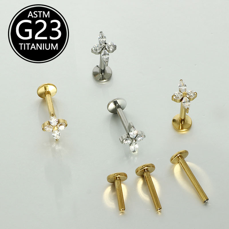 G23 Titanium Lip Piercing 6 10mm with Zircon Flower Design Ear Studs Cartilage Studs detail image 7