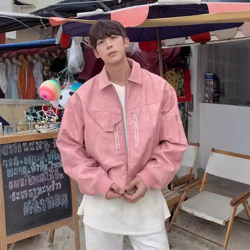 Vintage American-style distressed color jacket for men and women, spring and autumn zipper decoration PU leather coat outerwear, men's high-end top