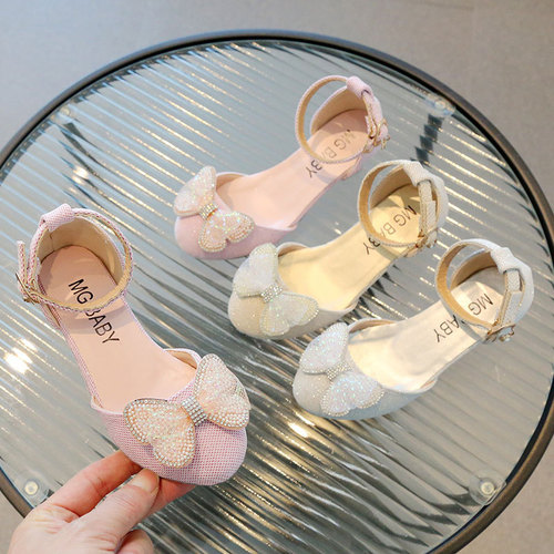 Girls' rhinestone leather shoes  spring and autumn student pearl bow performance single shoes small and medium-sized princess shoes children's shoes