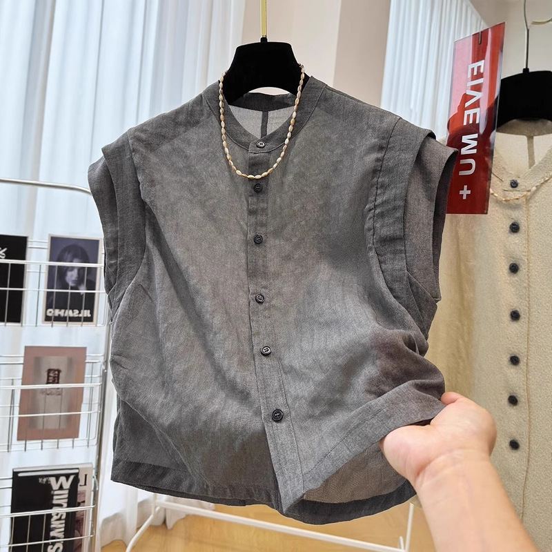 ニッチなデザインのシックな女性用半袖コットンとリネンシャツ、夏用の薄いフレンチスタイルのショートフライングスリーブトップ、トレンディです。|undefined