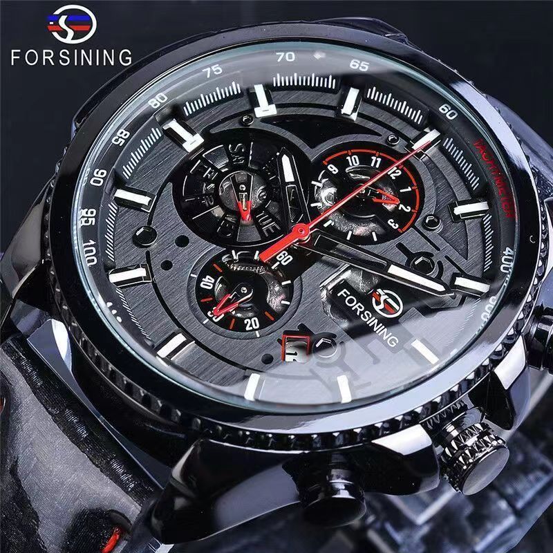 Una generación impermeable FORSINING tres ojos y seis agujas reloj mecánico automático para hombre reloj para hombre reloj con correa de acero
