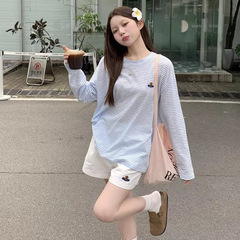 薄款卡通刺绣条纹长袖罩衫T恤女装秋季设计感中长款宽松防晒上衣