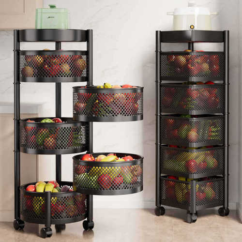 Rotating multi-functional kitchen storage rack, household floor-standing multi-layer snack trolley, fruit and vegetable basket, storage rack