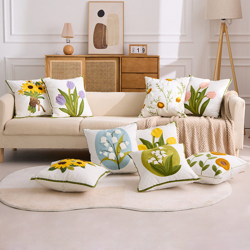 Nueva funda de almohada bordada con diseño floral pastoral, cojín para cabecera de cama, sofá, coche, sala de estar, soporte para la espalda con relleno opcional