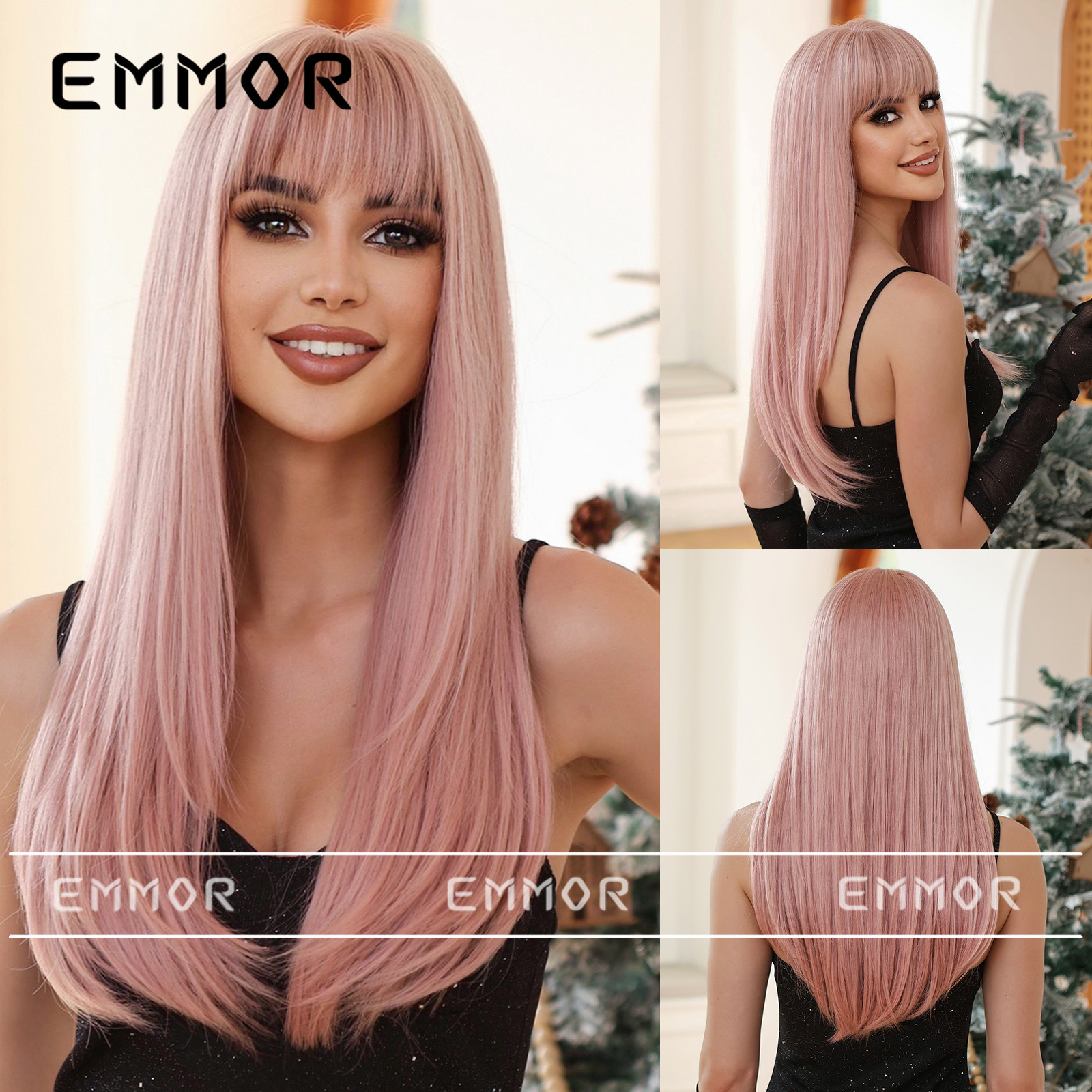 Peluca de pelo largo de las mujeres estilo europeo y americano cubierta de cabeza completa natural marrón recto flequillo pelo moda mullido cubierta de pelo superior completa