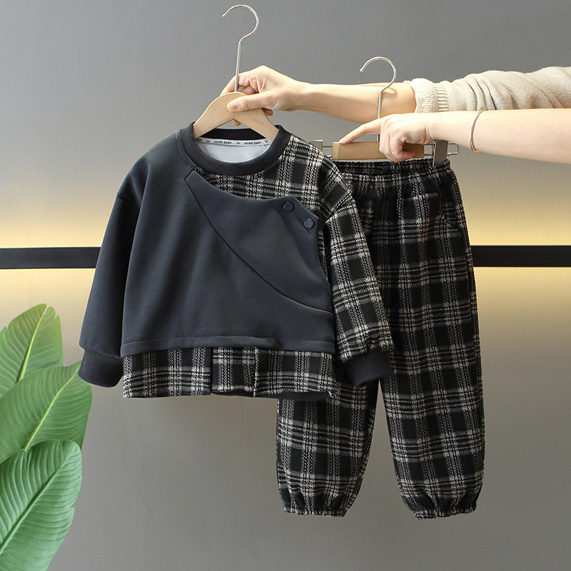 7728 Traje de primavera y otoño para niños 2025 nuevo estilo de moda y fresco suéter para niños pantalones a cuadros ropa de primavera para bebés de dos piezas