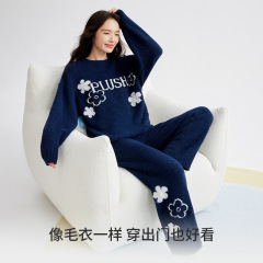 套头圆领半边绒睡衣女秋冬季加厚冬季保暖半边绒女士家居服套装
