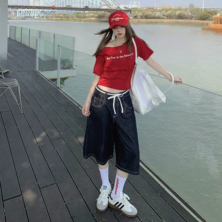 YC&美式复古高腰宽松七分裤原色夏季阔腿裤配绳带直筒牛仔裤女