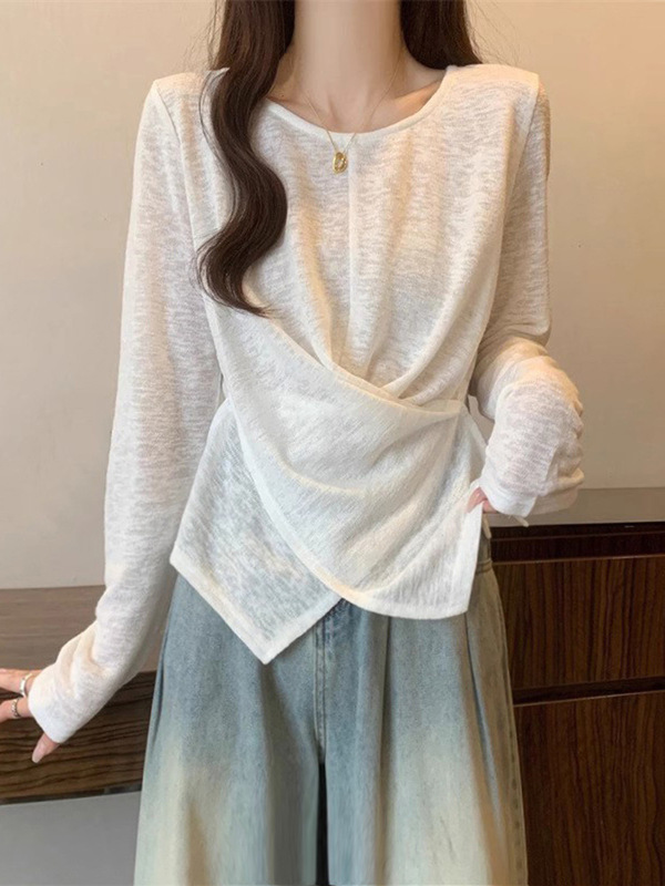 薄款竹节棉正肩长袖T恤女2025春新款大码胖mm卡腰小衫不规则上衣|undefined