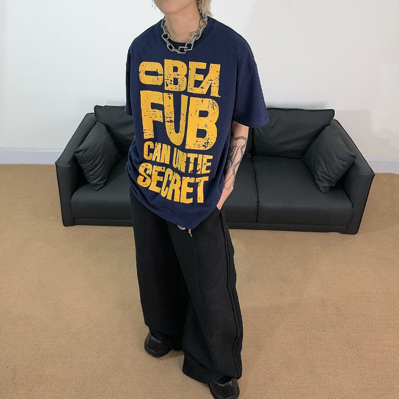 76STREET/ヴィンテージ風レタープリント半袖Tシャツ 男女兼用 夏 スポーツ ゆったり カップルトップス トレンドプリント|undefined