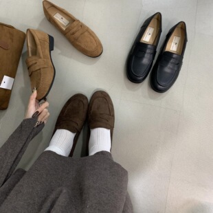 ALILOVER Vintage Loafers Women's New British Style Slip-on Shoes Round Toe Thick Heel Suede Shoes