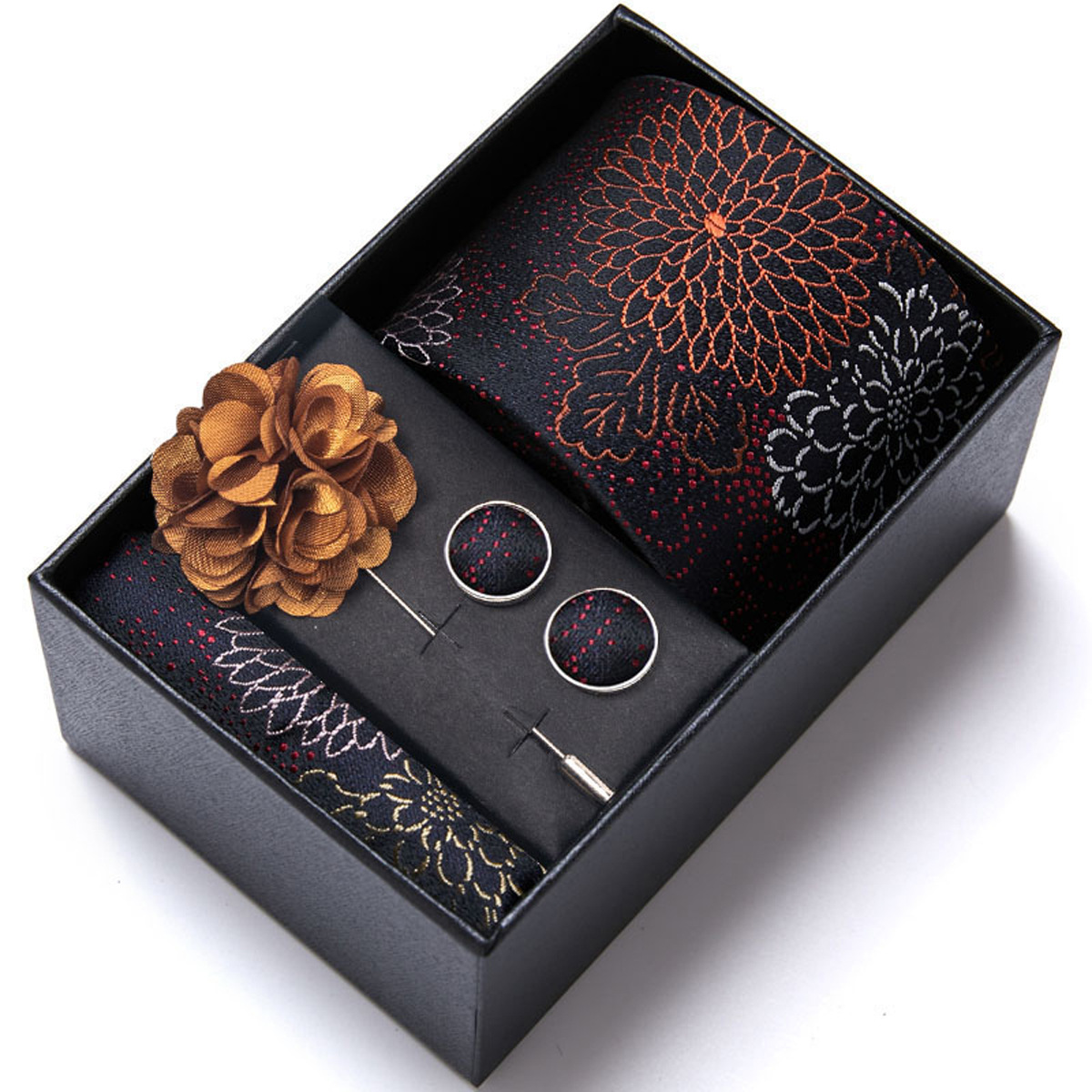 男性の新しい青いストライプのプリントネクタイのスカーフのカフスの胸の花のギフトボックスの包装の贈り物の佳品は祝日に適します。