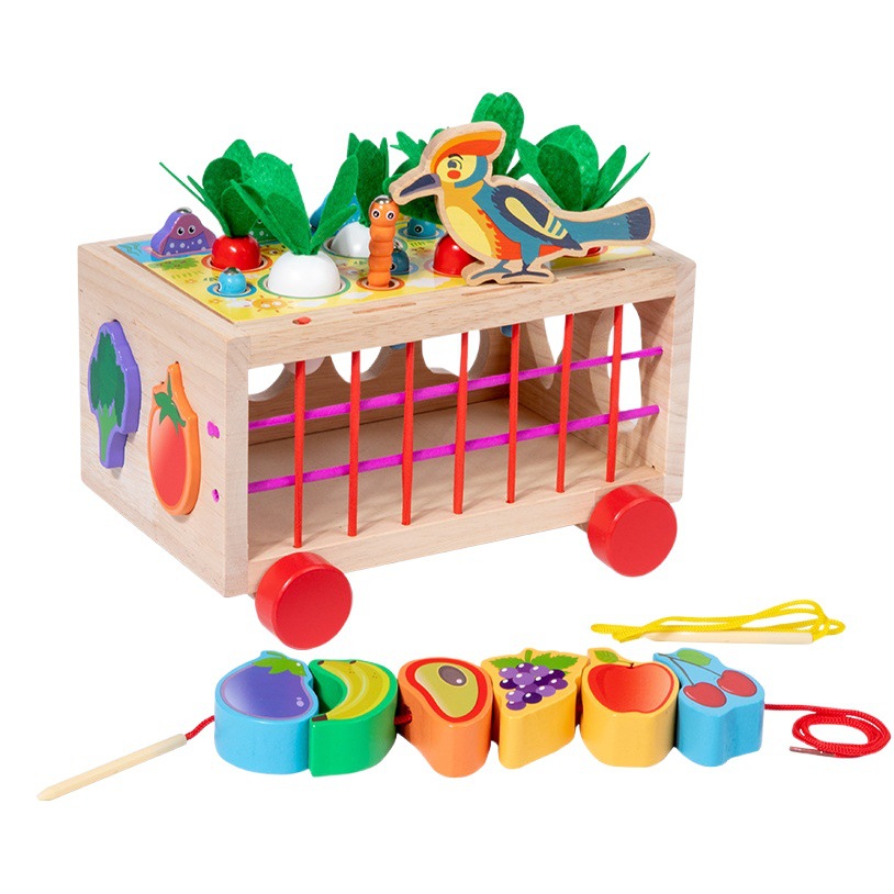 Kindergarten de madera multifuncional rábano remolque fruta pesca digital captura insecto forma color cognitiva juguete a juego