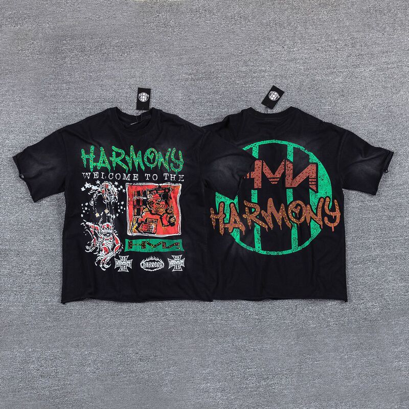American High Street Style Harmony Devil Graffiti Short-Sleeve T-Shirt with Heavy Metal Rhinestones, Unisex