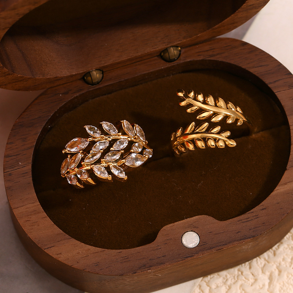 Diamond Inlaid Leaf Shape Stainless Steel Ring