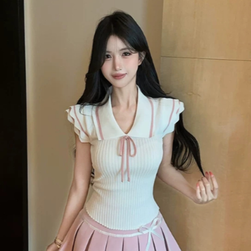 Pure Desire Bow-Tie Lace-Up Ruffled Sleeve Knit Top Summer Waist-Cinching Slimming Sweet and Spicy Youthful Blouse for Women