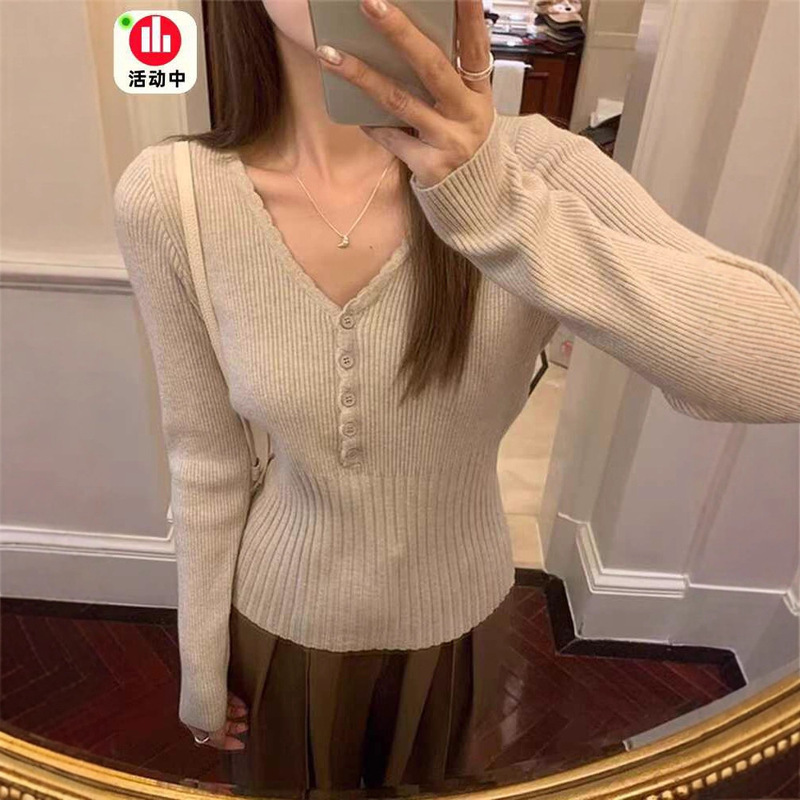 韩系灰色V领针织打底衫女春秋内搭超好看高级感修身显瘦长袖上衣|undefined