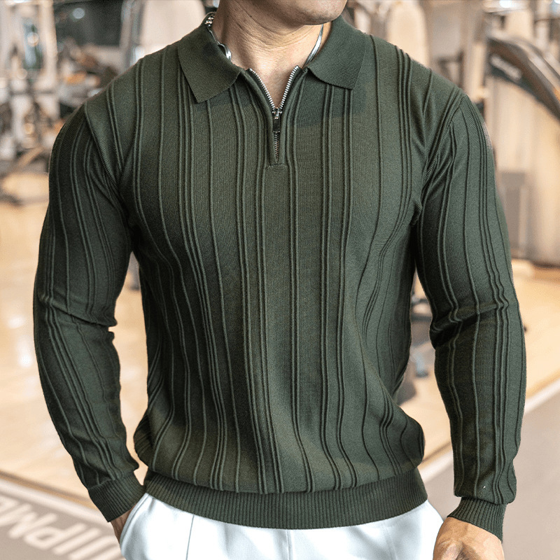 Autumn Casual Zipper Long-Sleeved Polo Men's British Retro Elegant Jacquard Lapel Pit Strip Knitted Polo Shirt for Men