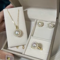 Циркон солнце цветок геометрическое ожерелье жемчужные серьги кольцо костюм темперамент женская пресноводная жемчужная цепочка на ключицу