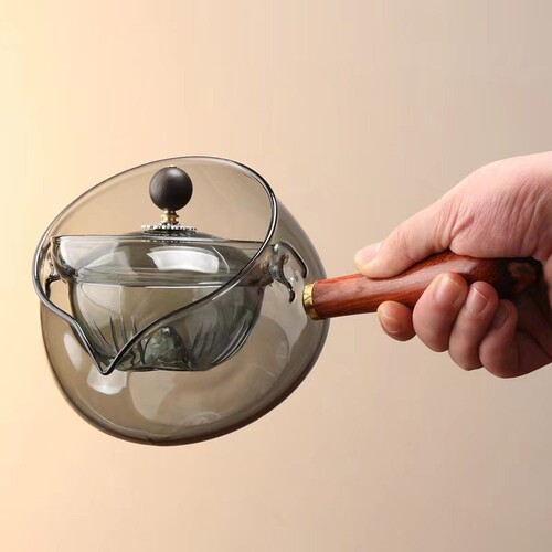 360-degree rotating leisure teapot, high borosilicate glass leisure pot, high-temperature resistant wooden handle tea brewing set