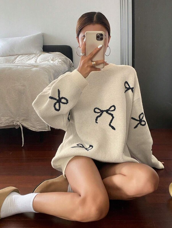 欧美跨境蝴蝶结女式毛衣2025新款秋冬季设计感宽松圆领套头亚马逊|undefined