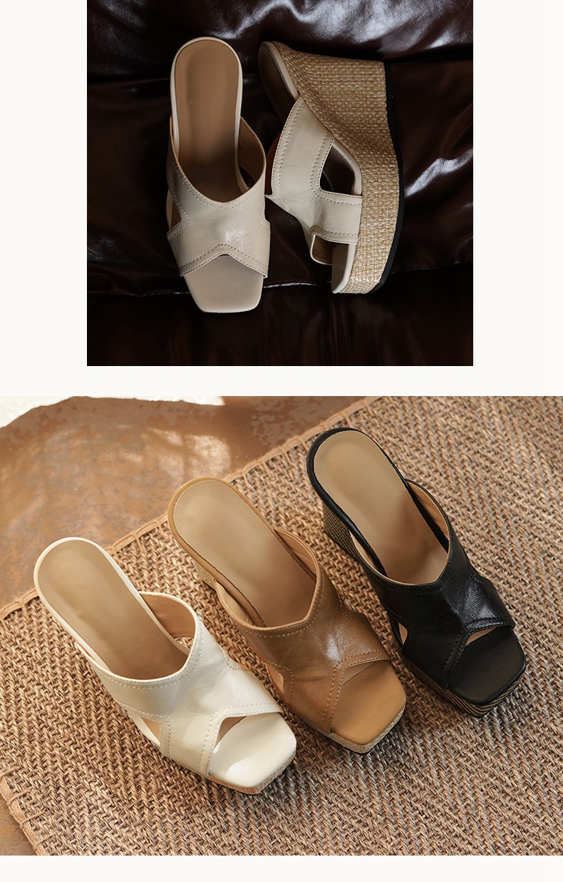 Sandal cao gót nữ hở mũi da dê đế xuồng dày — màu nâu chi tiết 6