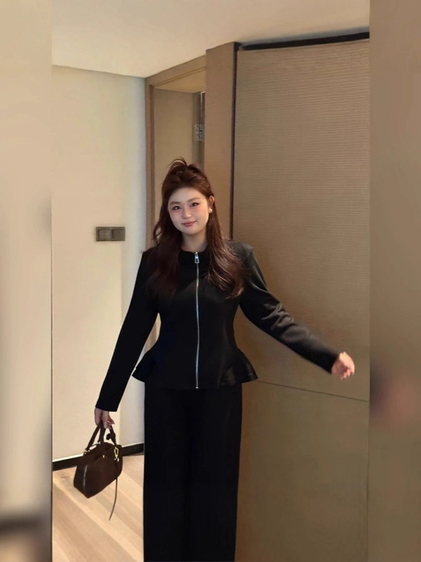 2025年秋季新款大码女装显瘦休闲套装上衣+长裤遮肉两件女套装|undefined