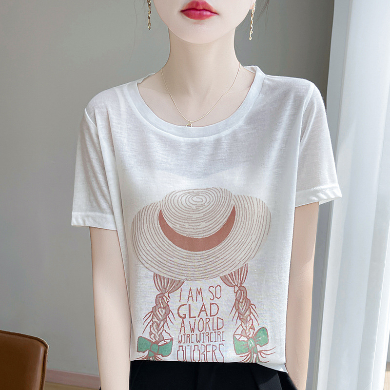 夏の新リヨセル半袖 Tシャツ女性のルーズスリムラウンドネックプリント麦わら帽子女の子テンセル Tシャツ|undefined