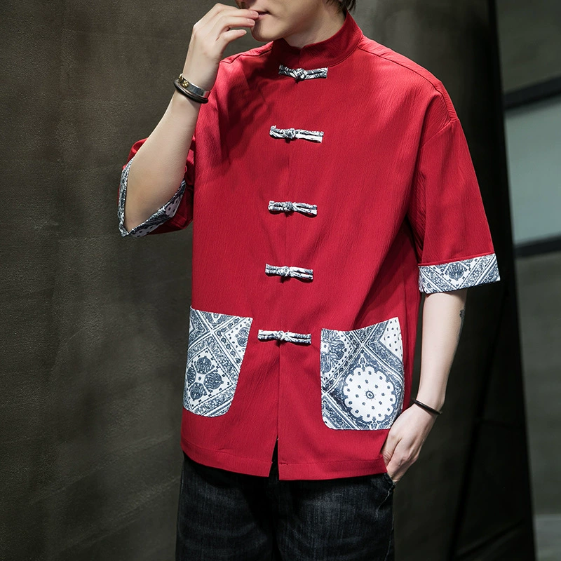 2022 Летний Новый мужской Шелковый костюм Hanfu Tang с рукавами через плечо в китайском стиле с пряжкой и воротником-стойкой Мужская рубашка с коротким рукавом