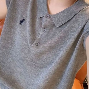 Momo's Clothing Summer High-End Cropped Sleeve Pony Embroidery Solid Color Turn-Down Collar Tummy-Concealing Slimming Stylish Versatile T-Shirt