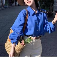 法式气质显白克莱因蓝色polo领衬衫女初秋减龄设计感防晒衬衣上衣