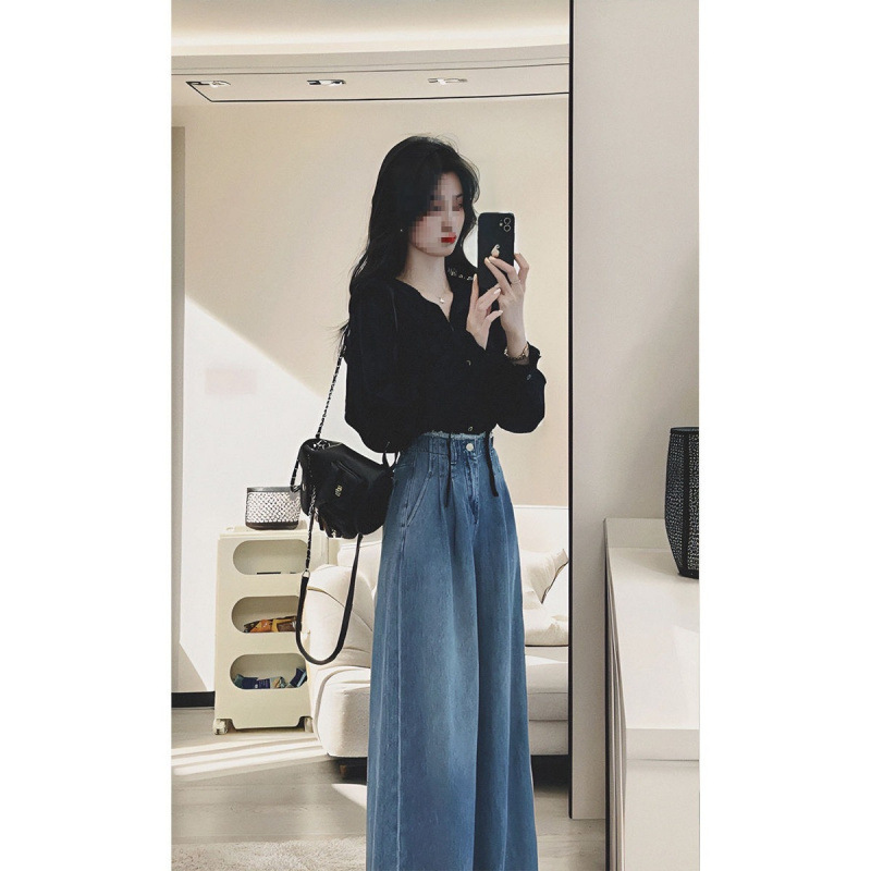 春季穿搭一整套女2025新款休闲复古高级感衬衫阔腿牛仔裤子两件套|undefined