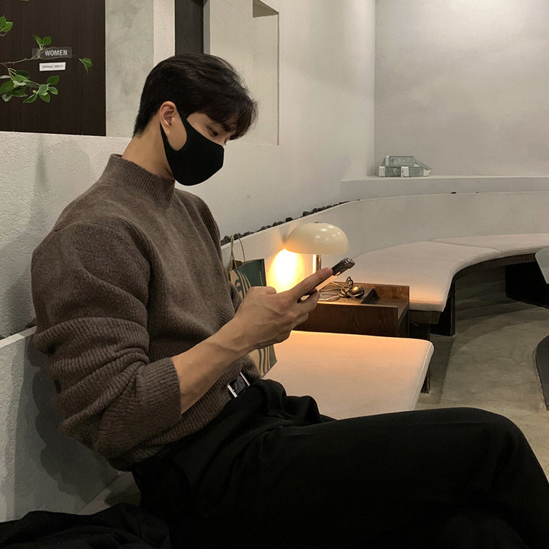 ASCLO autumn new men's sweater half turtleneck thick wool knitted top lazy loose Korean style high sense