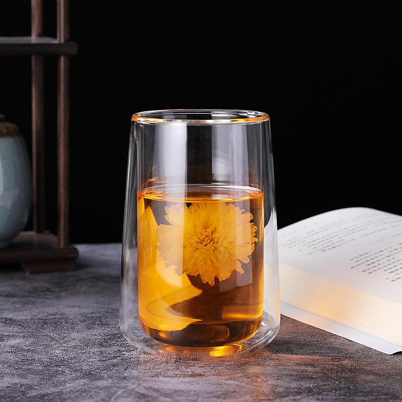 Taza de café de doble capa de vidrio, taza doméstica de doble capa, taza de agua aislada creativa, taza para preparar té de flores y leche, resistente al calor