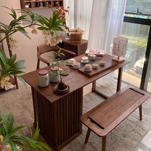 中式桌椅组合实木阳台茶桌小型家用泡茶胡桃木一体功夫禅意茶几-