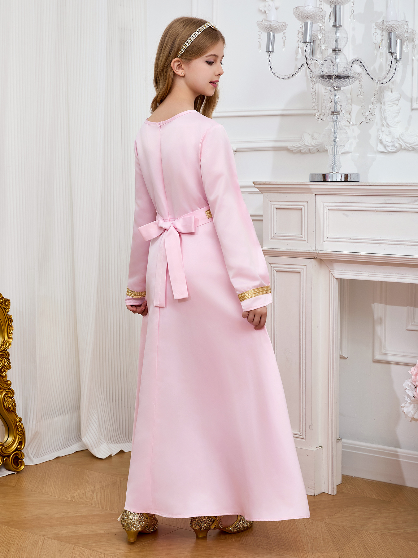 Niños de costura nacional característica ropa de color sólido vestido largo vestido rosa vestido de moda de encaje
