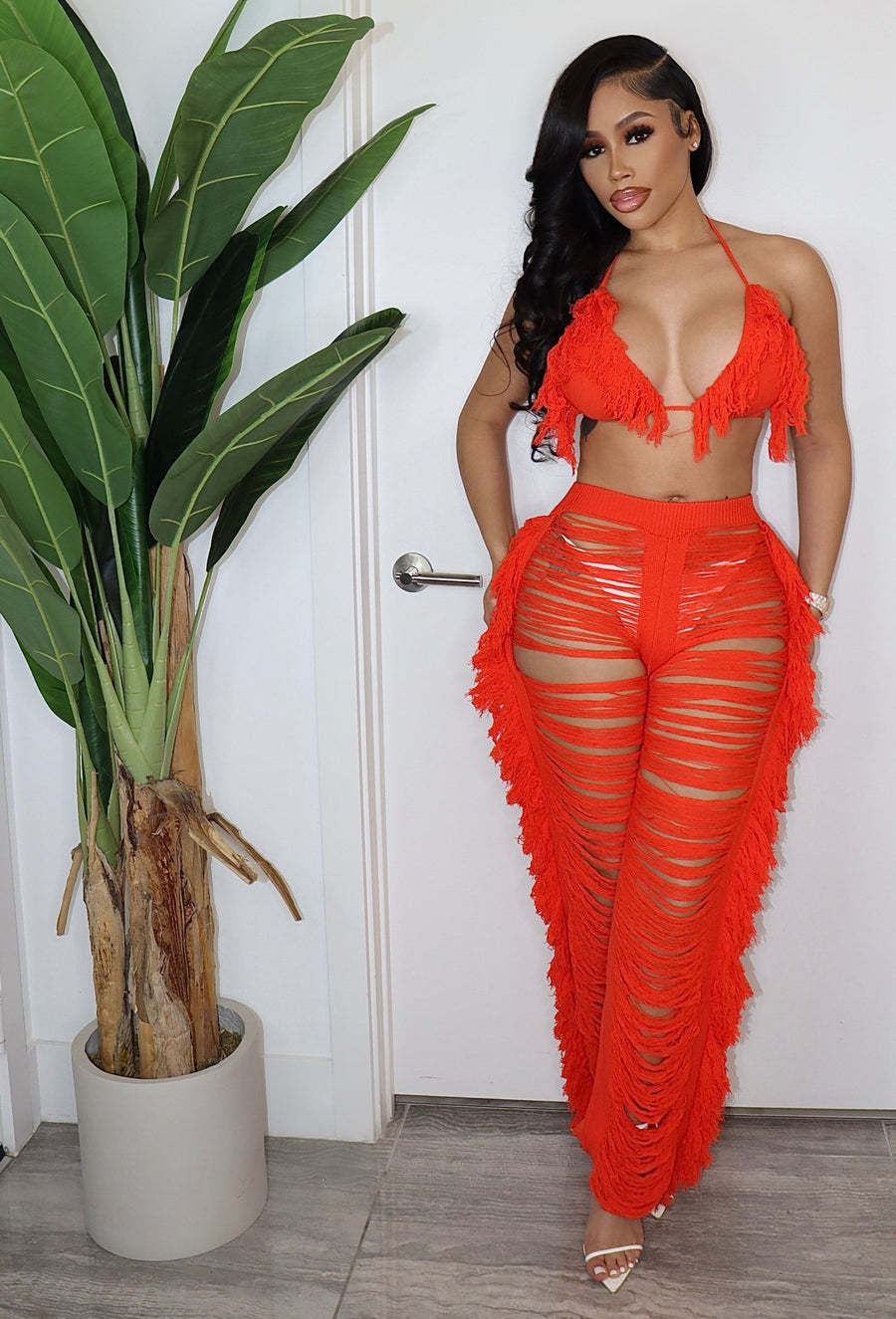 Women's Clothing summer new women's sexy tassel knitted pants suit_voghion.com