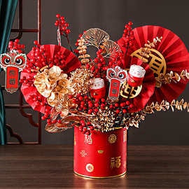 2023春节中国风新年冬青福桶套装春节抱抱桶装饰材料diy花桶喜庆
