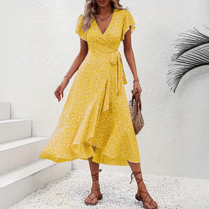 Summer Hot-Selling New Women's Clothing: V-Neck Belted Wrap Long Dress, Feminine Bohemian Style, Large Hem Vacation Dress Summer Hot-Selling New Women's Clothing: V-Neck Belted Wrap Long Dress, Feminine Bohemian Style, Large Hem Vacation Dress