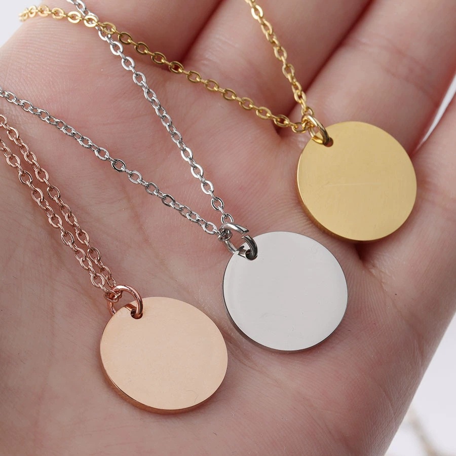 European and American Style Disc Pendant Necklace Mirror Surface Can Be Engraved Stainless Steel Geometric Round Plate Personalized Versatile DIY Pendant