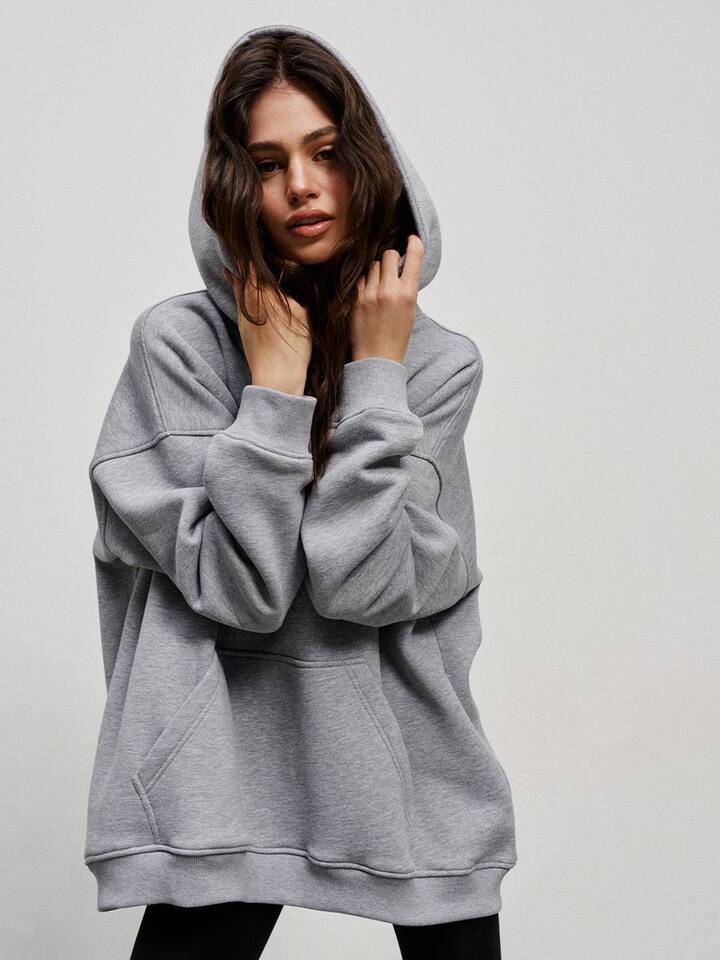 Áo hoodie nỉ lông dáng rộng có mũ và túi, tay dài, dáng unisex — Màu cà phê, Màu hồng, Màu xám, Màu đen chi tiết 36