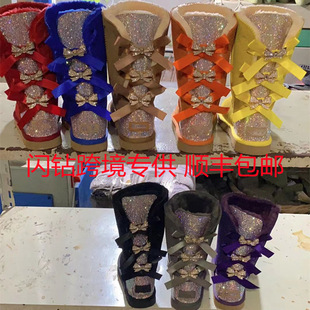 High Sheepskin One-piece Snow Boots Flash Diamond Rhinestone Bow Women's Shoes Leather Thickened Fleece-lined Cross-border Large Size