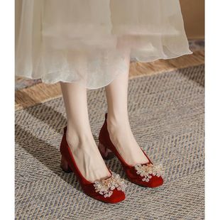Xiuhe Wedding Shoes Bridal Shoes Rhinestone Thick Heel Red High Heels Women's Wedding Square Toe Shoes 2025 New Style Not Tiring Feet