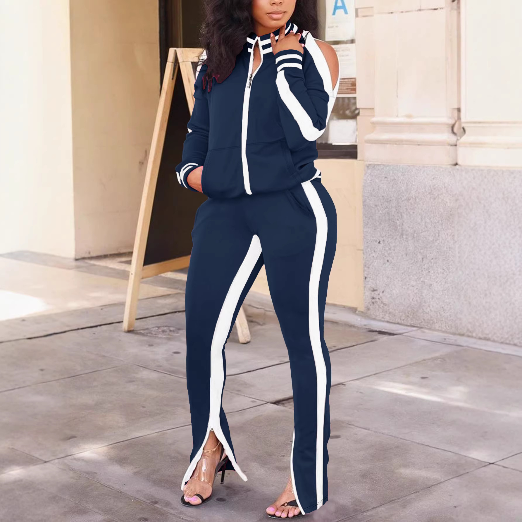 Women's Long Sleeve Round Neck Top With Pants 2-Piece Set Side Striped Casual Outfit Comfortable Daily Wear_ecoleips.com