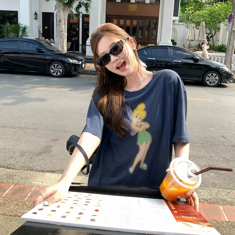 Korean Niche Fashion Brand Jennie's Same Style 26Ss Elf Chest Print Retro Round Neck Short-Sleeved T-Shirt for Women