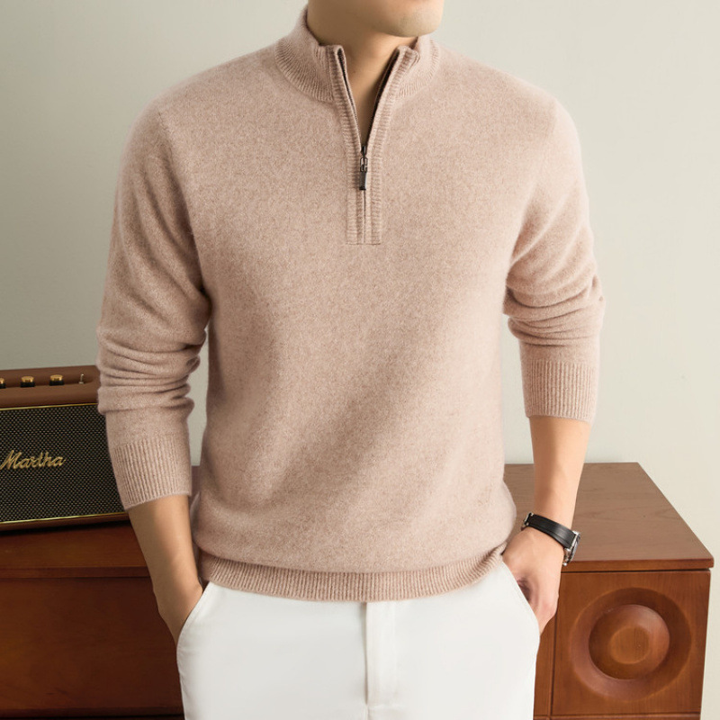 New autumn and winter collection: alpaca-blend half-zip, stand-up collar knit sweater, solid-color sweater for young and middle-aged men, wool base layer