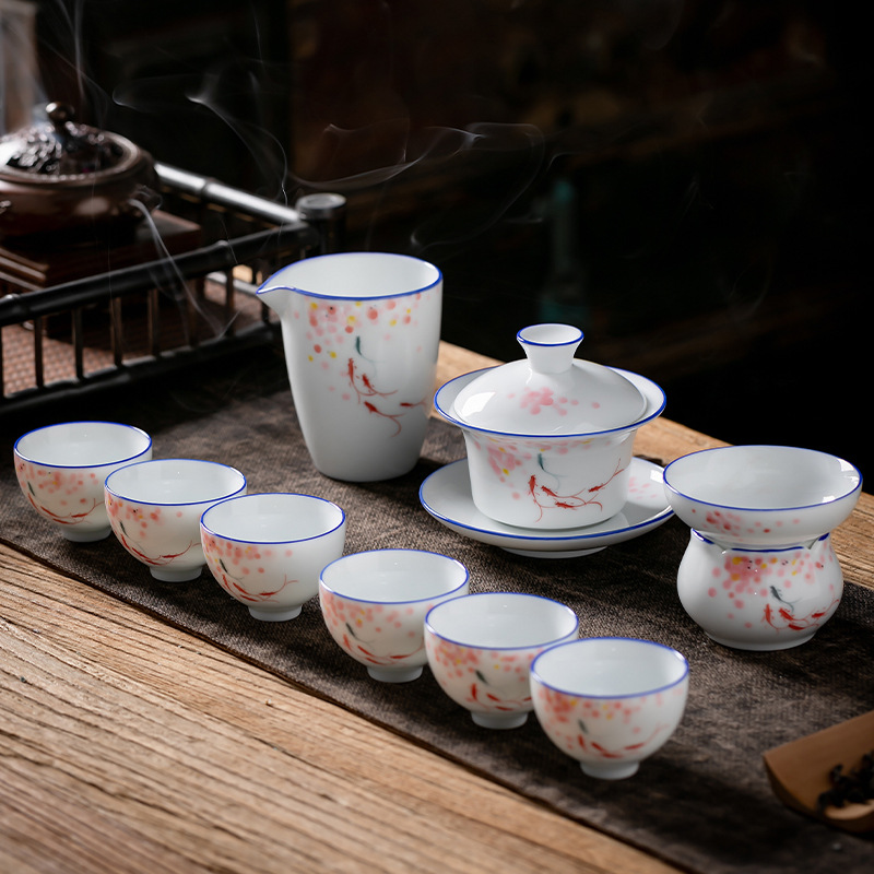 Juego de té de Kung Fu de cerámica de estilo japonés traje de hogar pintado a mano porcelana blanca sancai Tazón de cubierta taza de té tetera