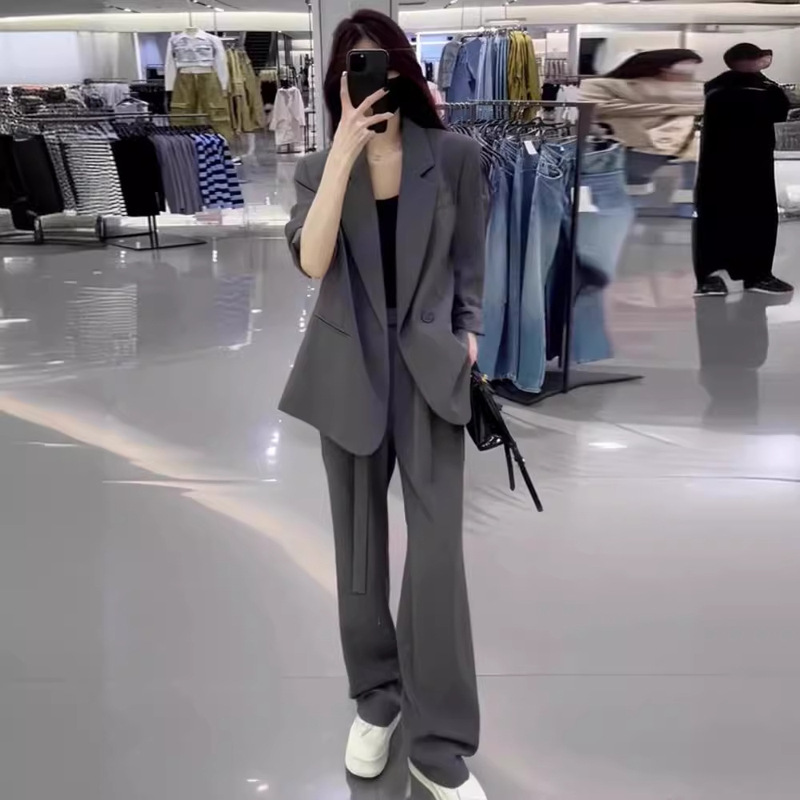 High-end Sense Grey Suit suit Women's Spring and Autumn New Fashion Casual Professional Suit Jacket Wide-leg Pants Two-piece Set